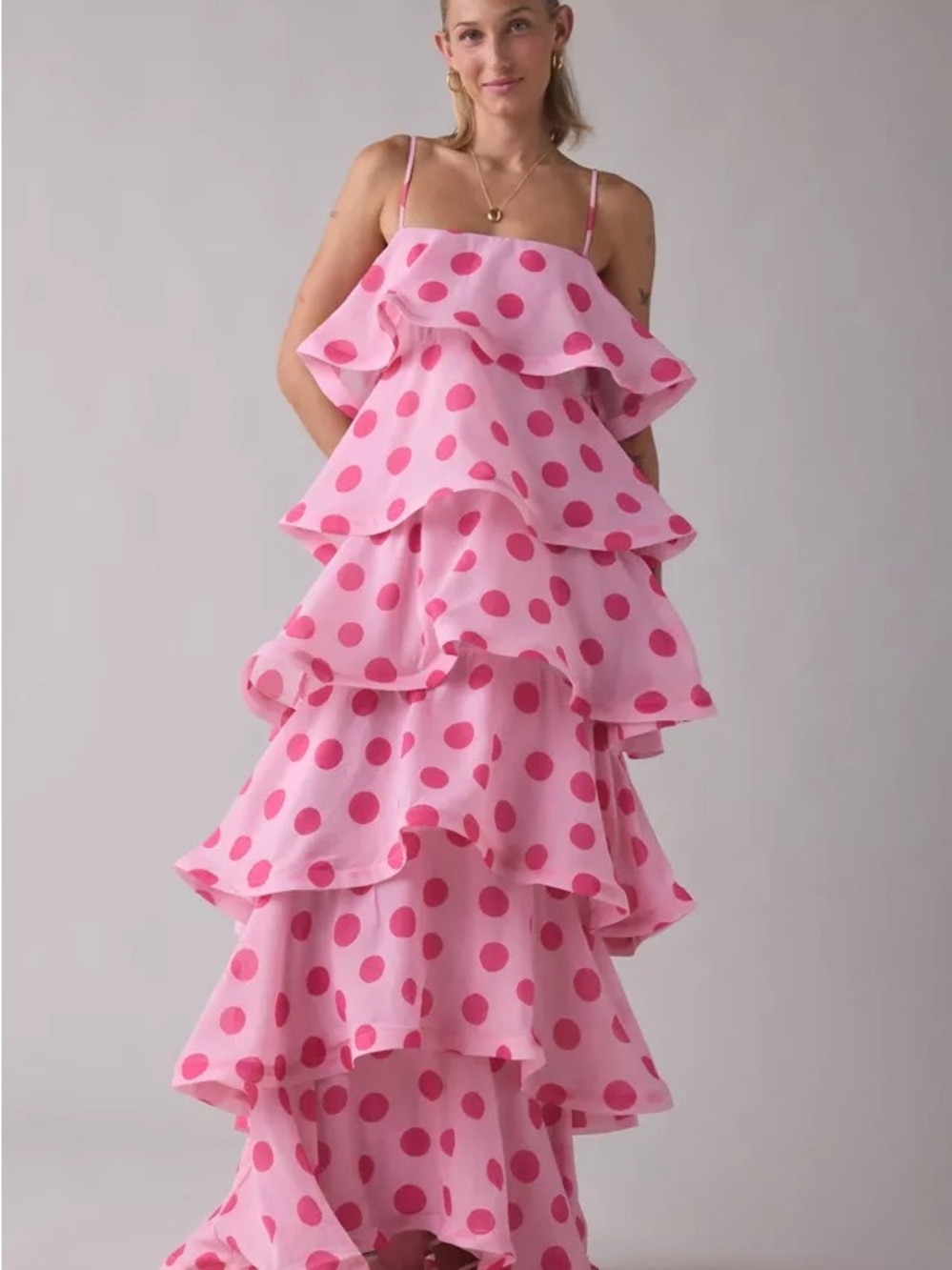 Elliatt Pink Polka Dot Tiered Ruffle Maxi Dress